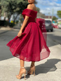 Simple burgundy tulle off shoulder prom dress, burgundy bridesmaid dress