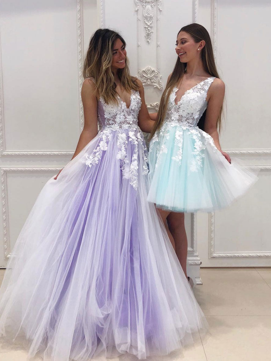 Purple v neck tulle lace long prom dress tulle lace formal dress