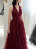 Burgundy Aline v neck tulle sequin long prom dress burgundy evening dress