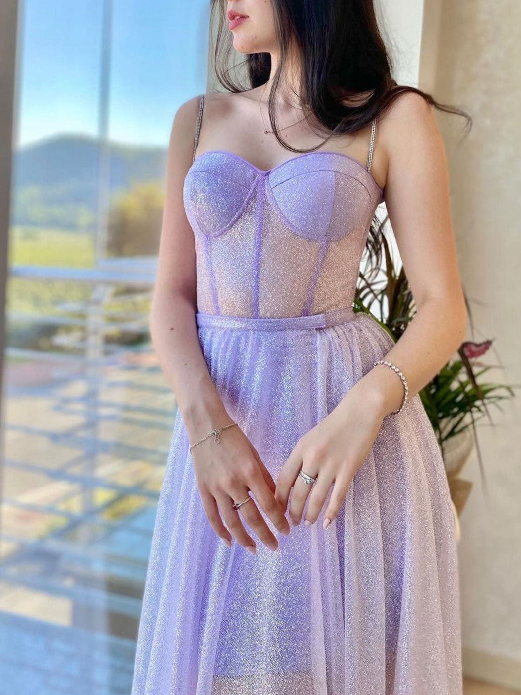 A-Line Sweetheart Neck Tulle Purple Long Prom Dress