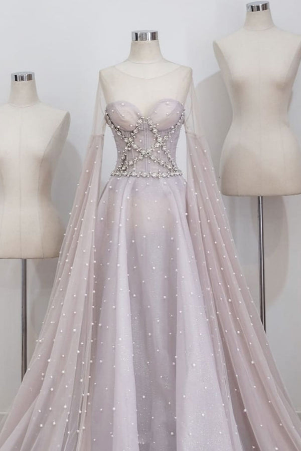 Unique round neck tulle long prom dress, gray evening dress