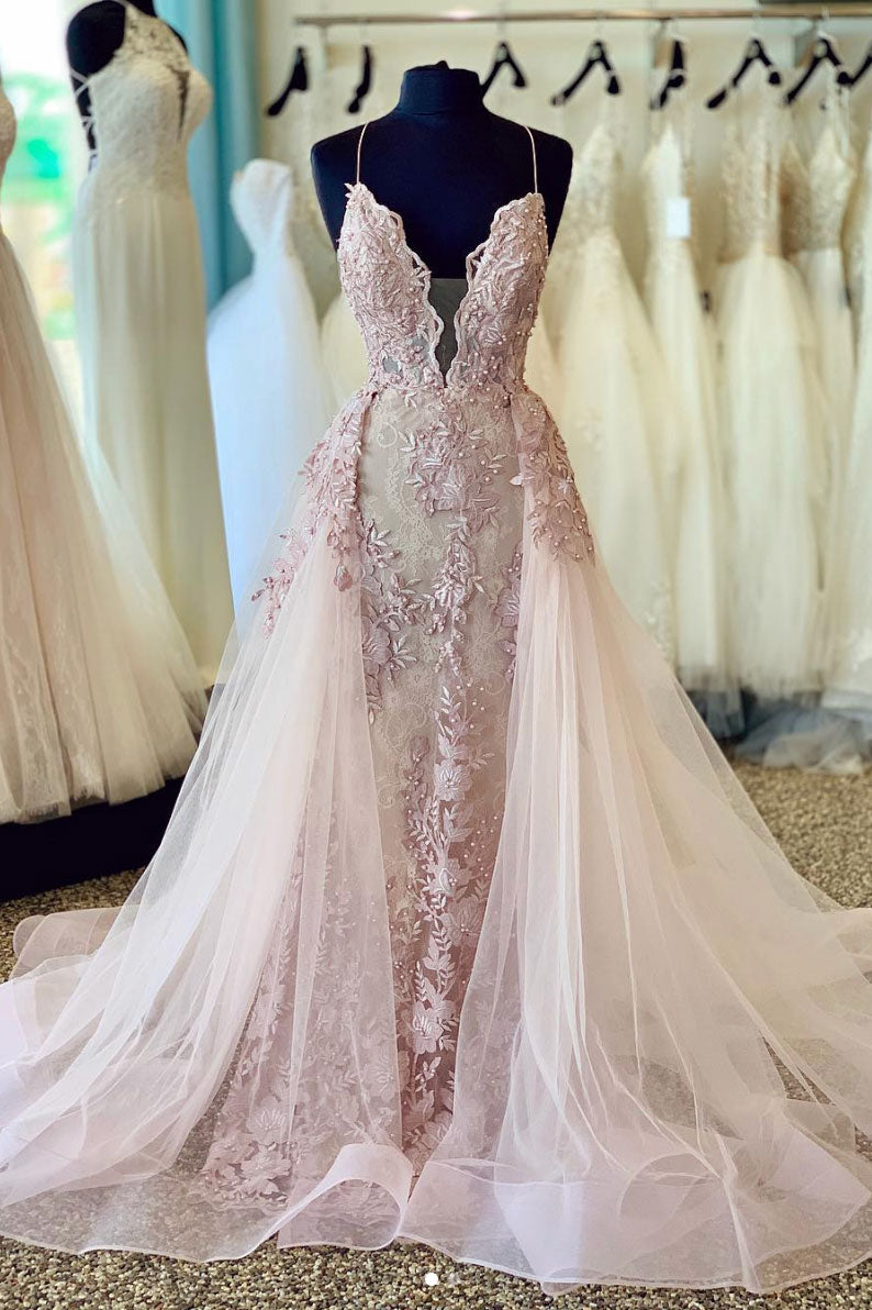 Pink v neck lace tulle long prom dress, pink tulle lace formal dress