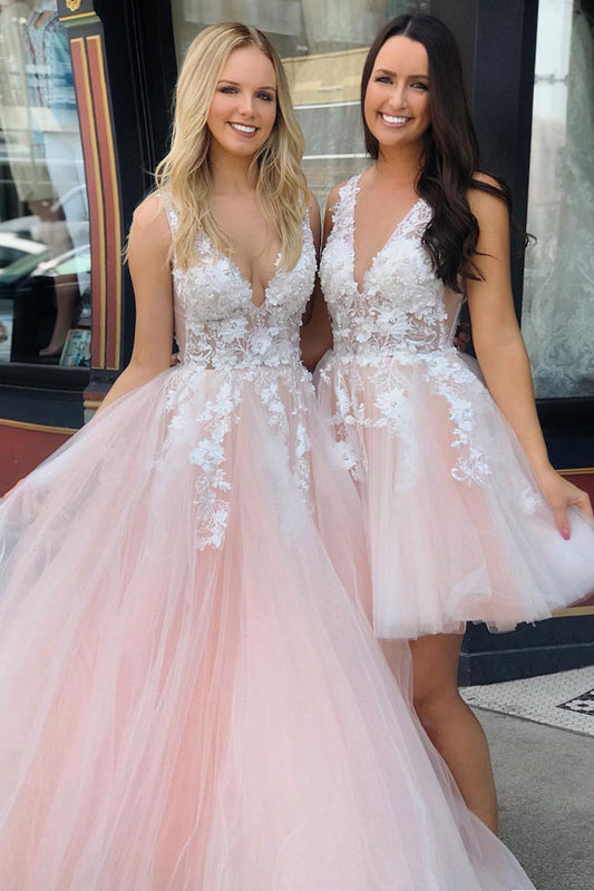 Pink v neck tulle lace long prom dress, tulle evening dress