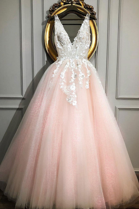 Pink v neck tulle lace long prom dress, pink tulle formal dress