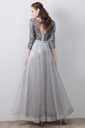 Gray round neck tulle applique tea long prom dress, evening dress