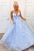 Blue tulle sequin long prom dress blue tulle formal dress