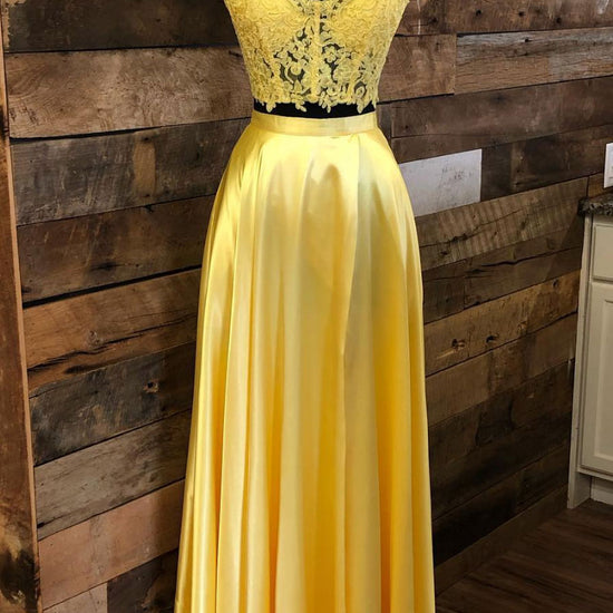 Yellow lace two pieces long prom dress yellow evening dress – dresstby