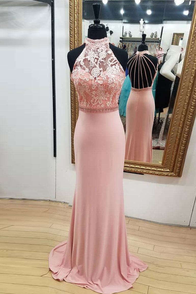 Pink mermaid lace long prom dress, pink mermaid evening dress