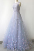 Simple round neck tulle long prom dress, gray tulle evening dress