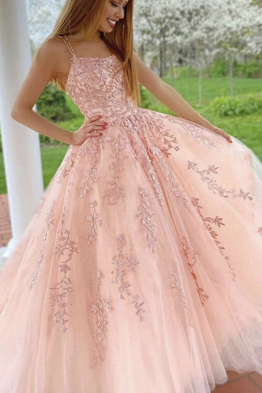 Pink tulle lace long prom dress pink tulle lace formal dress