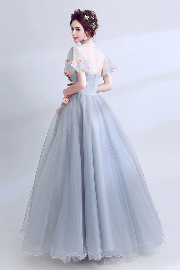 Unique gray lace applique long prom dress, gray evening dress