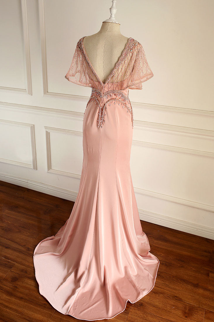 Unique pink beads chiffon long prom dress. pink evening dress