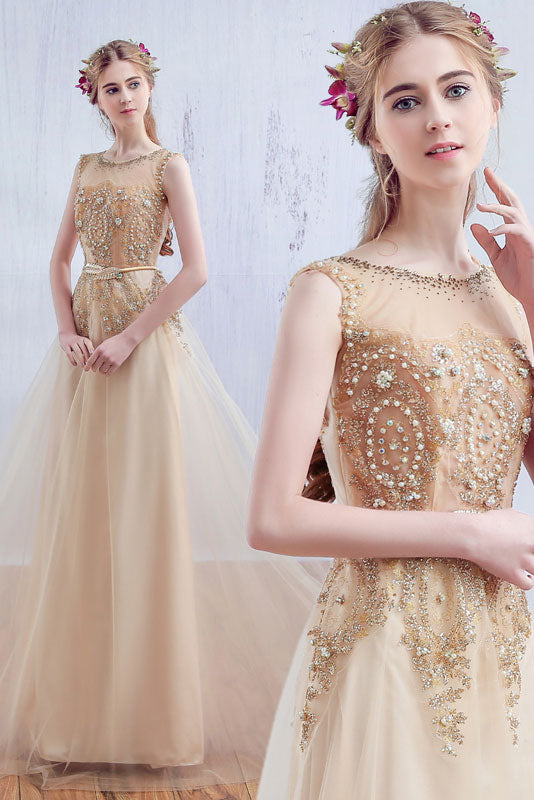 Champagne round neck tulle lace long prom dress, lace evening dress