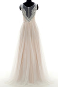 Champagne round neck tulle lace long prom dress, champagne wedding dress