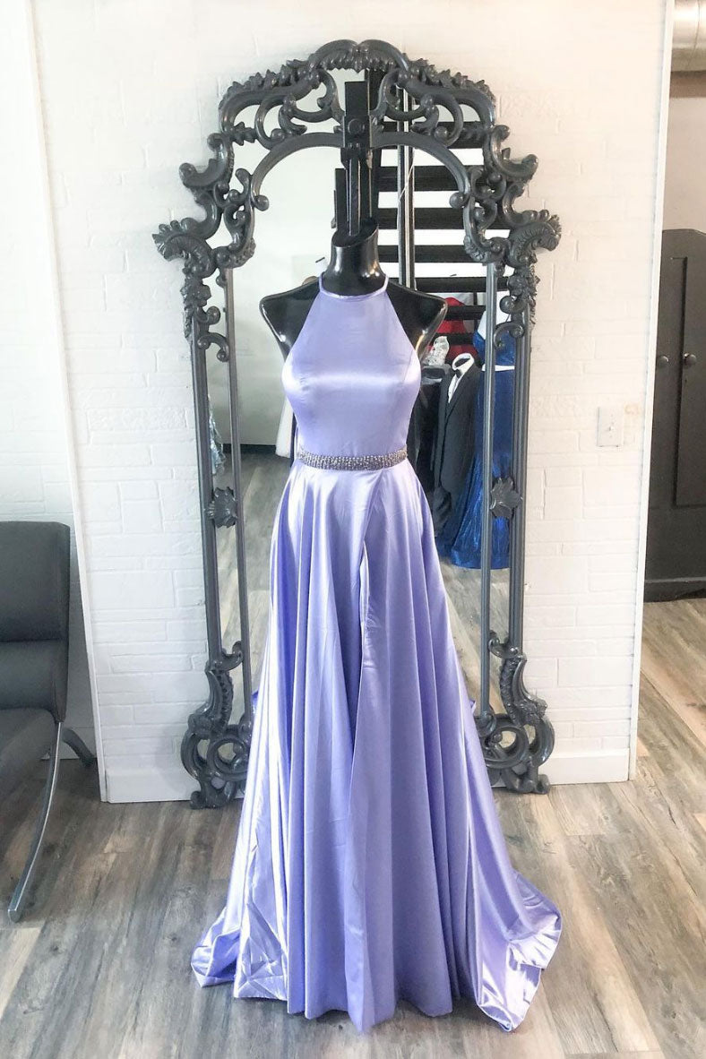 Purple satin long prom dress purple evening dress