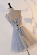 Cute gray round neck  tulle lace short prom dress, gray homecoming dress