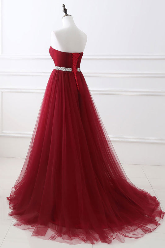 Burgundy tulle long prom dress, burgundy bridesmaid dress