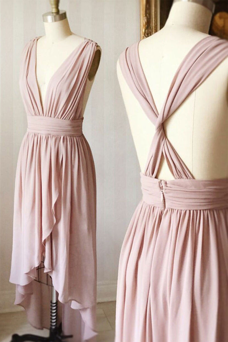 simple v neck pink short prom dress, pink homecoming dress