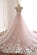 Pink sweetheart neck tulle long prom dress, lace tulle evening dress