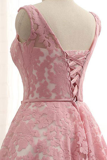 Cute pink round neck lace short prom dress, bridesmaid dress