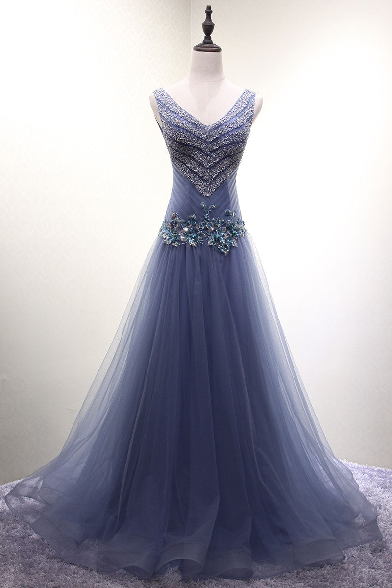 Unique v neck tulle beads long prom dress, tulle evening dress