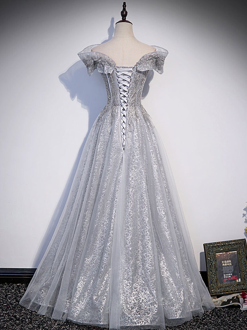 Gray tulle long prom dress, gray tulle formal dress