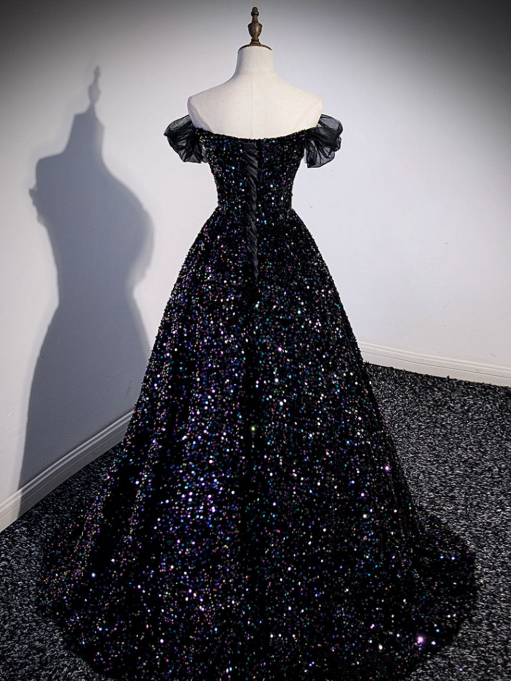 A-Line Sequin Black Long Prom Dress, Off Shoulder Black Evening Dress dresstby A-Line Sequin Black Long Prom Dress, Off Shoulder Black Evening Dress dresstby