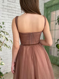 Simple Aline Tea Length Brown Prom Dresses, Brown Homecoming Dresses