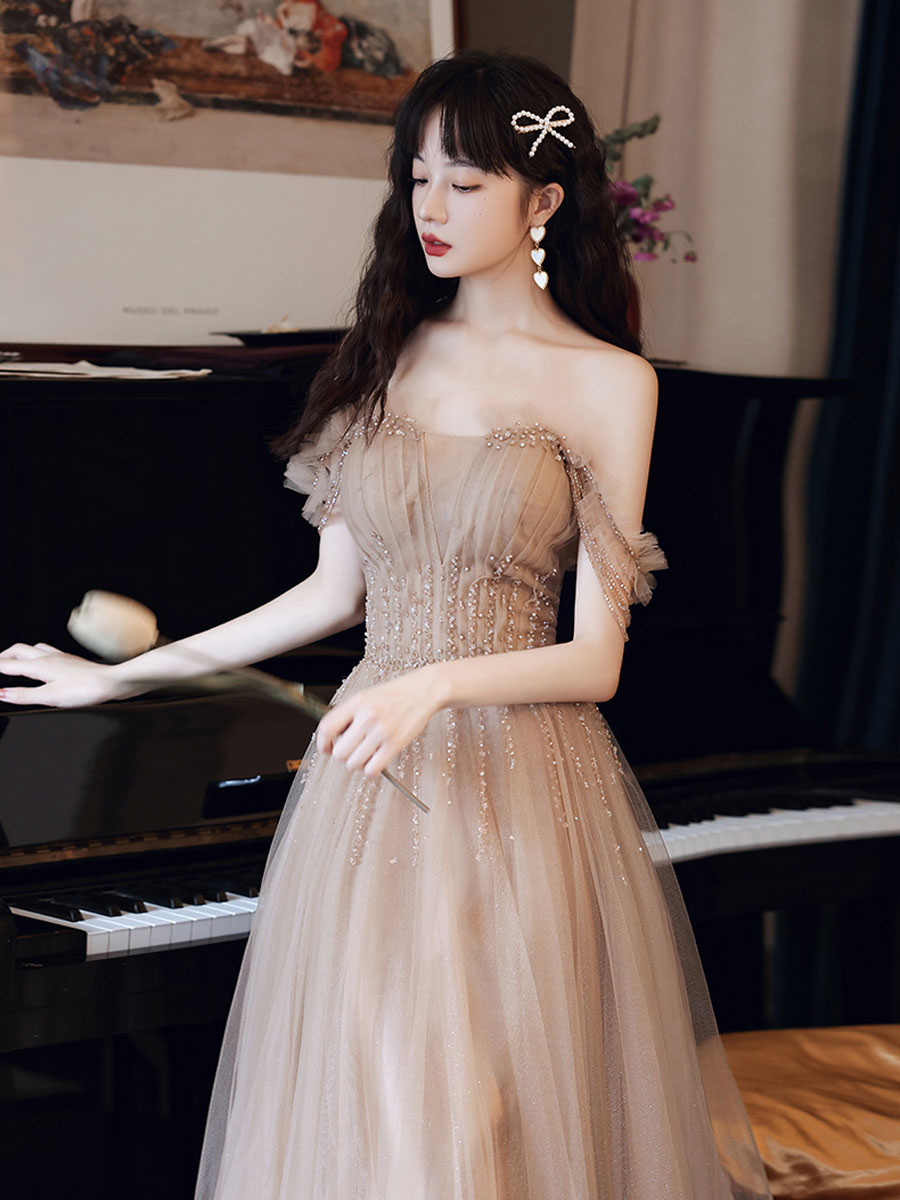 Champagne tulle beads A line long prom dress, champagne evening dress