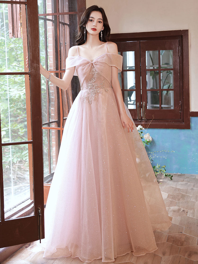Pink off shoulder tulle long prom dress , pink tulle evening dress