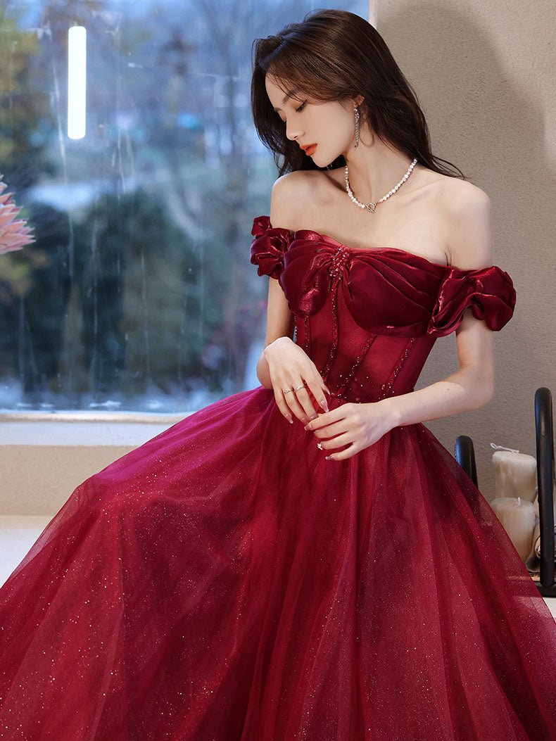 Burgundy off shoulder tulle long prom dress, burgundy evening dress
