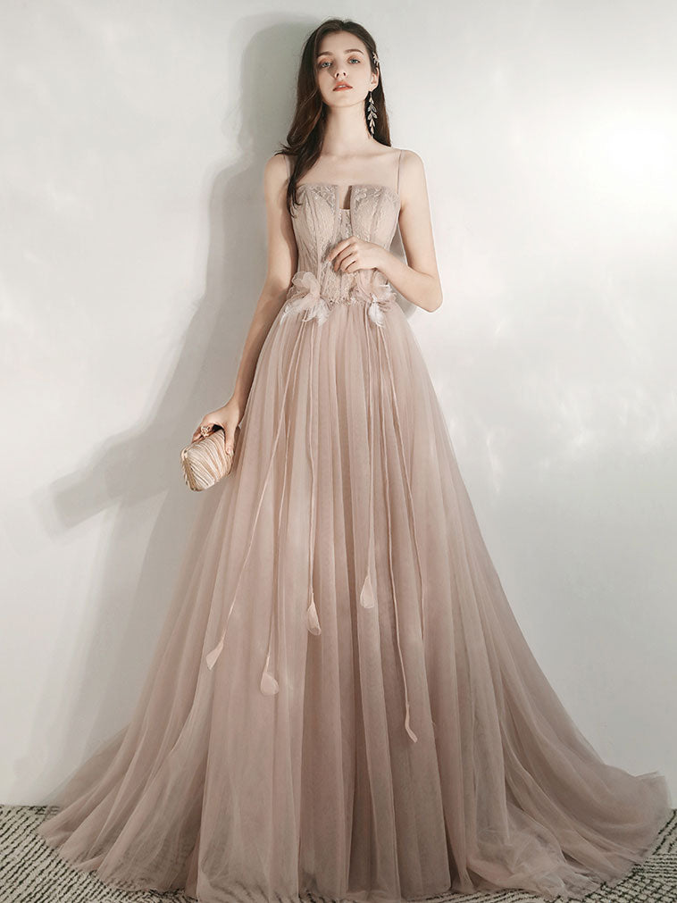 Champagne A-Line Tulle Lace Long Prom Dresses, Champagne Lace Formal Dress