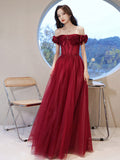Burgundy off shoulder tulle long prom dress, burgundy evening dress