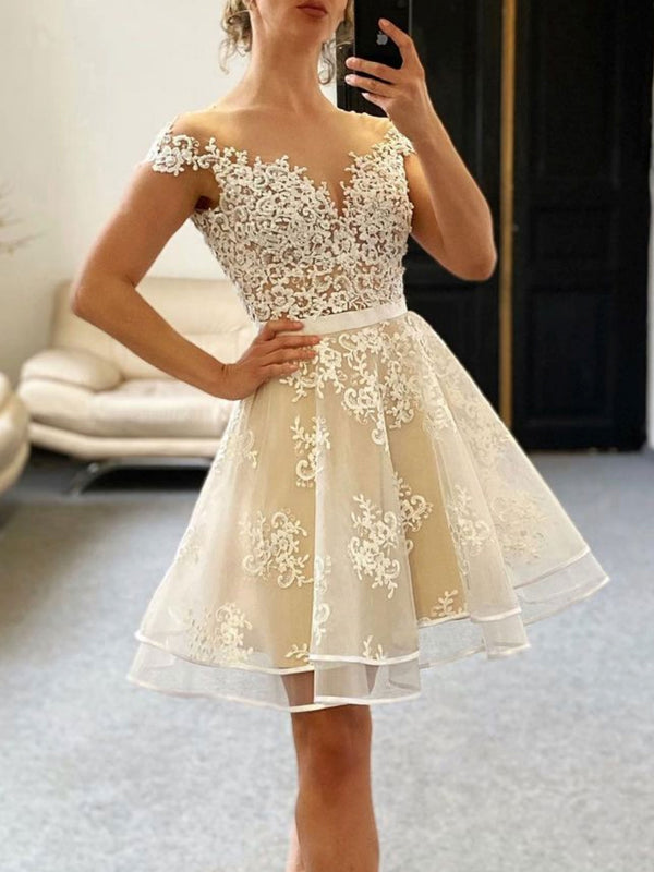 Champagne lace short prom dress, champagne lace cocktail dress