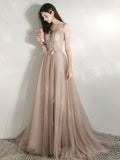 Champagne A-Line Tulle Lace Long Prom Dresses