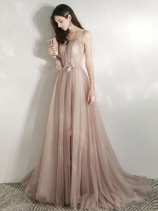 Champagne A-Line Tulle Lace Long Prom Dresses
