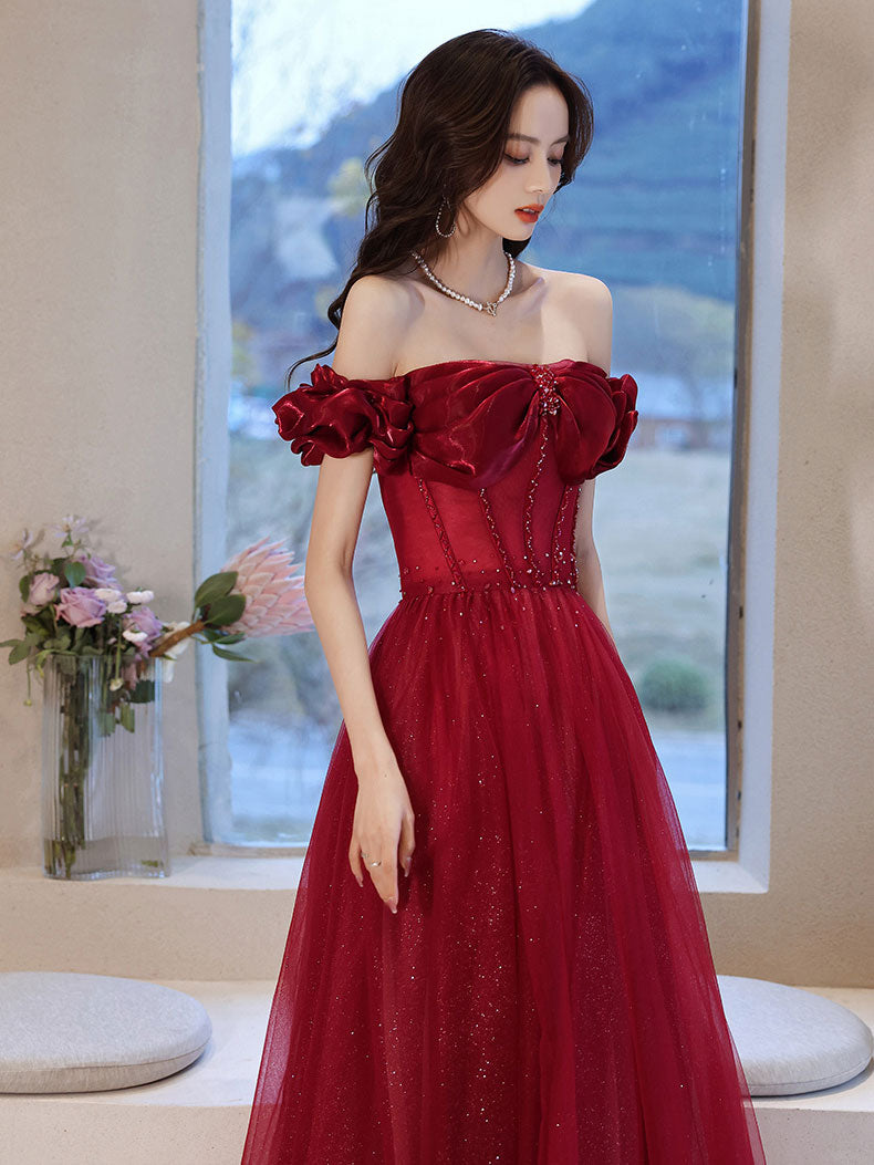 Burgundy off shoulder tulle long prom dress, burgundy evening dress dresstby Burgundy off shoulder tulle long prom dress, burgundy evening dress dresstby