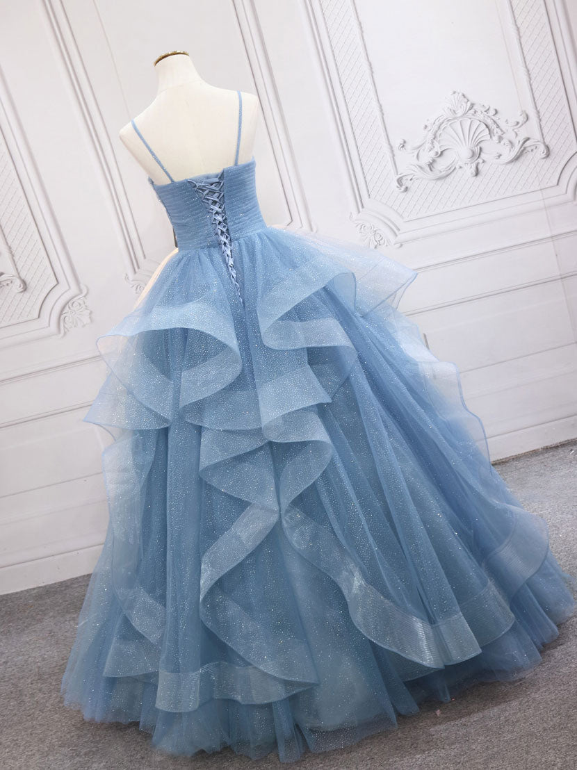 Blue tulle v neck sequin long prom dress, blue sweet 16 dress