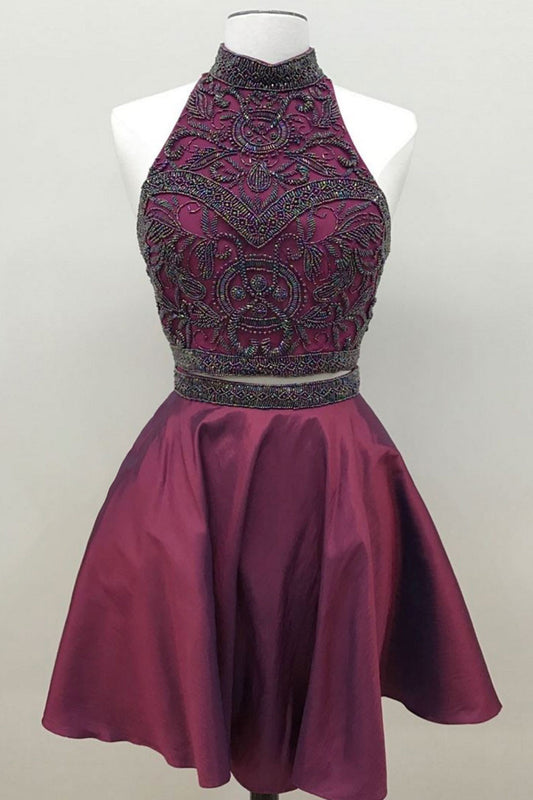 Unique burgundy two pieces beads short prom dress, burgundy homecoming dress