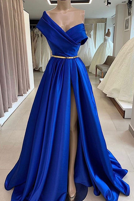 Blue satin long prom dress, blue long evening dress