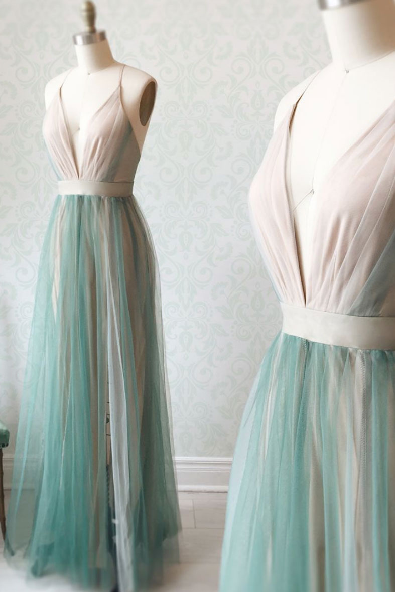 Simple green tulle long prom dress, green tulle evening dress