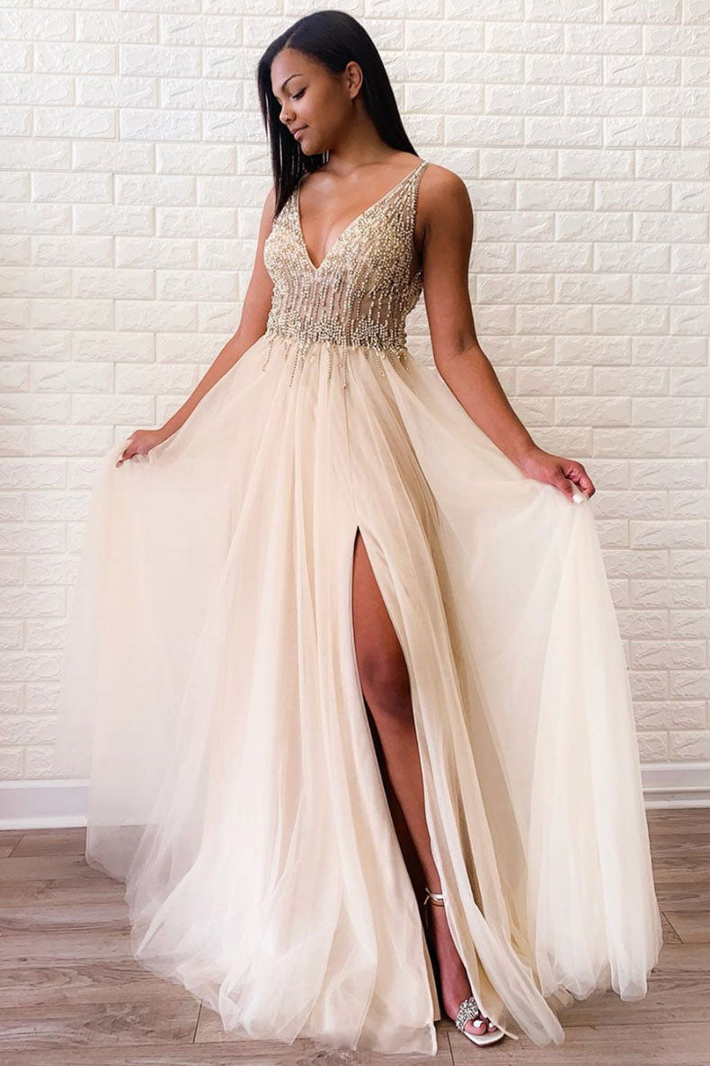 Champagne v neck tulle beads long prom dress tulle evening dress