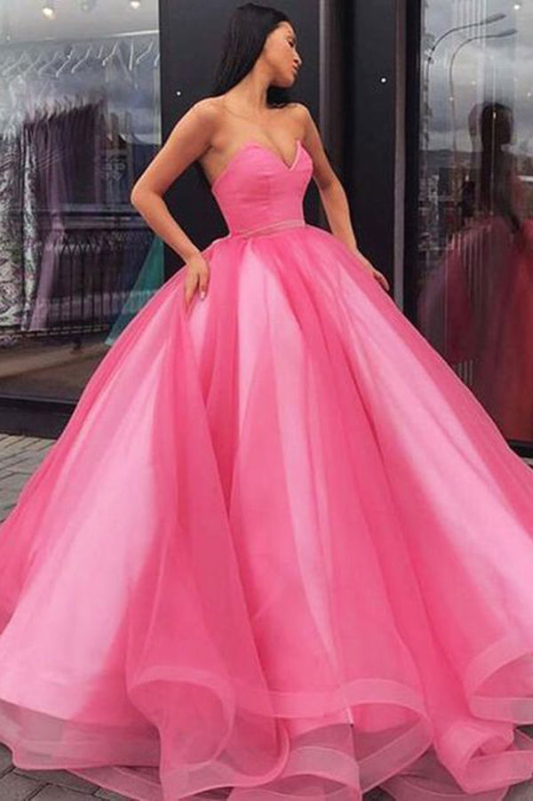 Pink sweetheart tulle long prom dress pink tulle evening dress