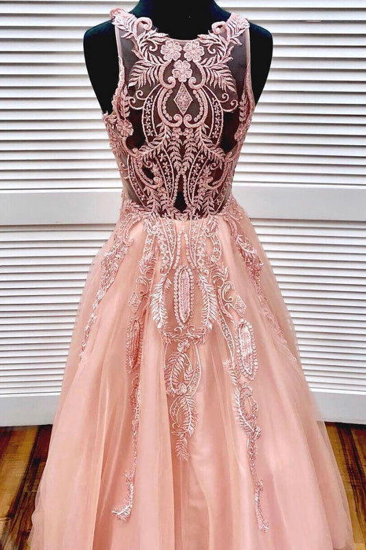 Unique pink round neck tulle lace long prom dress, pink tulle formal dress
