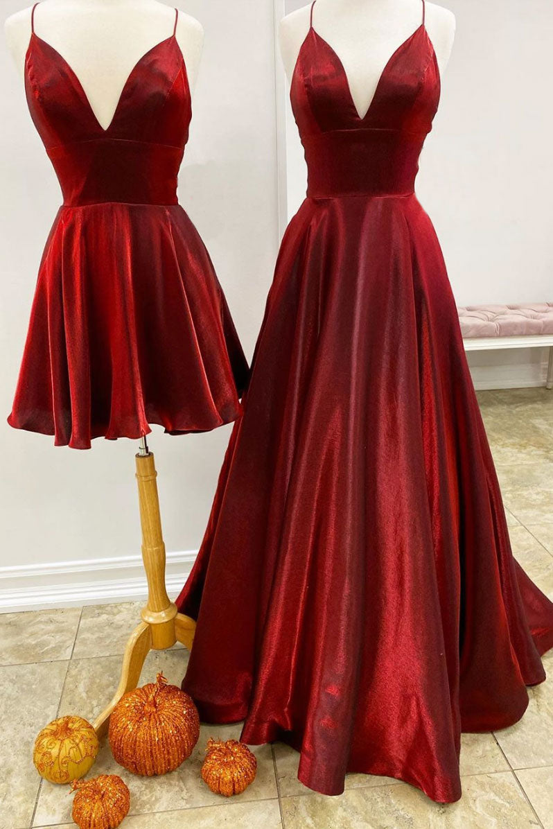 Simple red v neck satin long prom dress simple evening dress