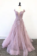 Pink tulle lace long prom dress, pink tulle lace evening dress