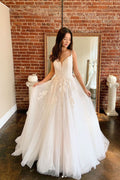 Light champagne A-line tulle lace long prom dress tulle lace formal dress