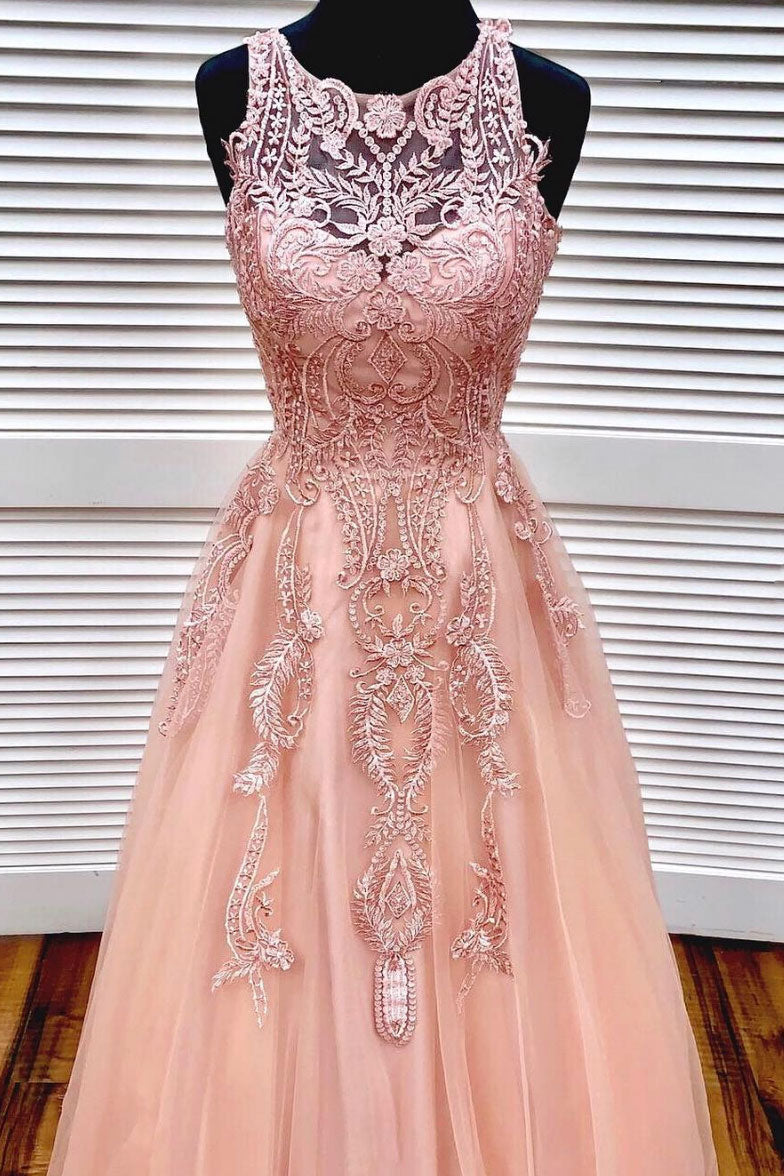 Unique pink round neck tulle lace long prom dress, pink tulle formal dress
