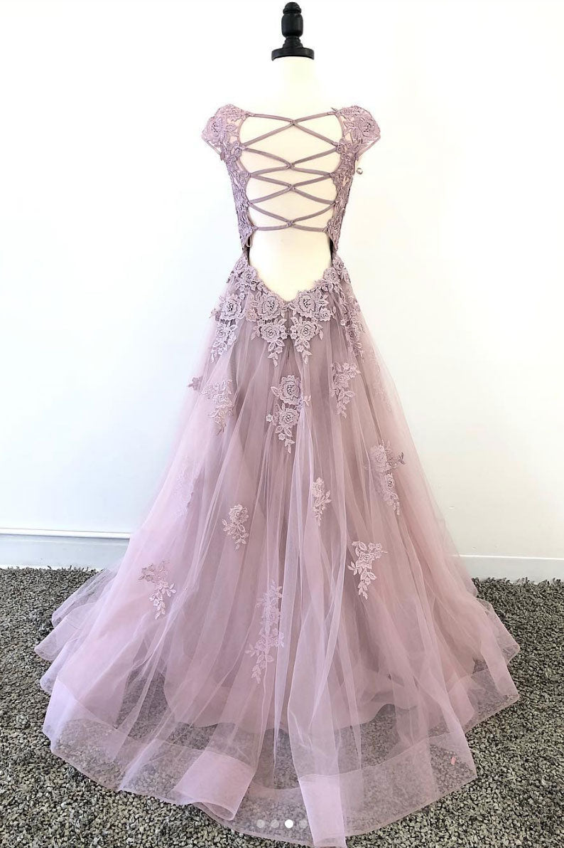 Pink tulle lace long prom dress, pink tulle lace evening dress