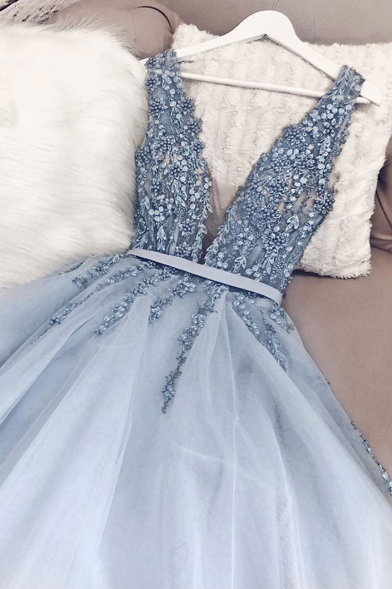 Blue v neck tulle lace long prom dress, blue evening dress